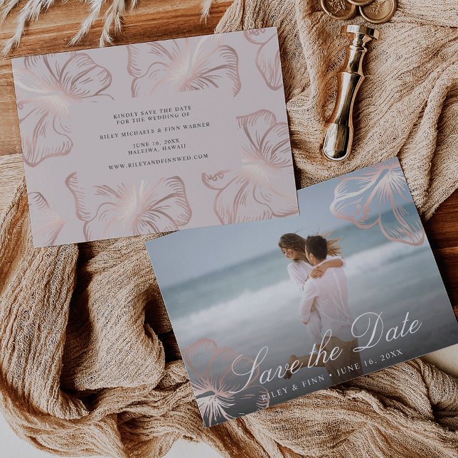 Save The Date Elégant Rose Gold Tropical Hibiscus Floral Photo (Créateur téléchargé)