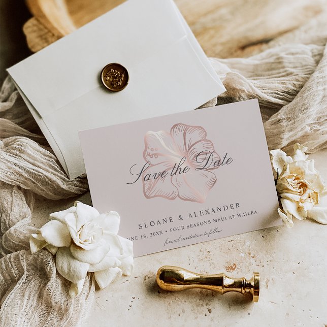 Save The Date Élégant Rose Gold Tropical Hibiscus Mariage de fle (Créateur téléchargé)