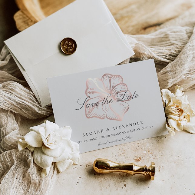 Save The Date Élégant Rose Gold Tropical Hibiscus Mariage de fle (Créateur téléchargé)