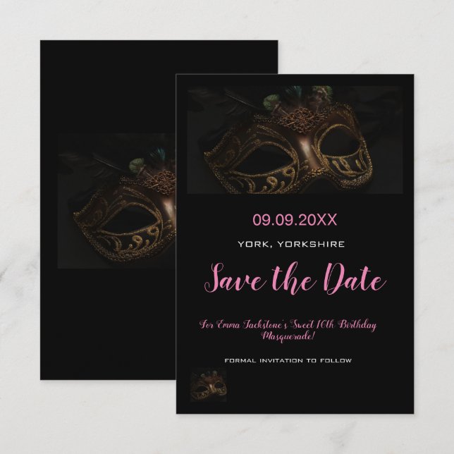 Save The Date Elégant rose Masquerade Masque Thème Sweet 16ème (Devant / Derrière)