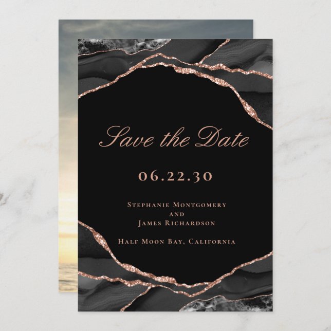 Save The Date Élégant Rose noir Gold Foil Agate Mariage Photo (Devant / Derrière)