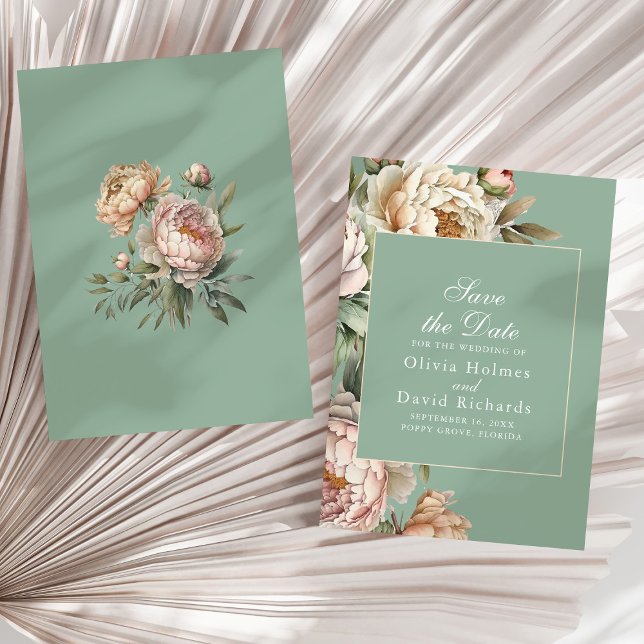 Save The Date Elégant rose pâtisserie Pastel Sage Mariage (Elegant Blush Pink Peonies Pastel Sage Wedding Save The Date on a sunny neutral dry palm leaf.)