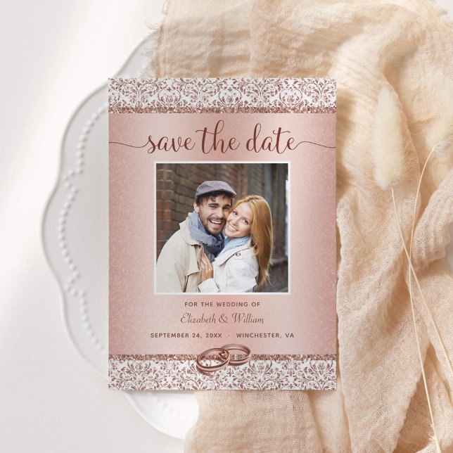 Save The Date Élégant Rose photo Mariage or (Créateur téléchargé)