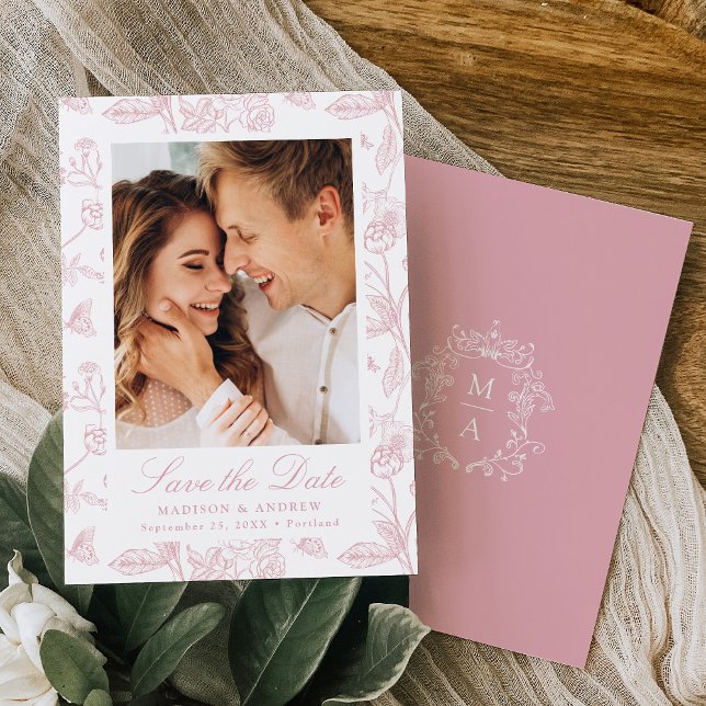 Save The Date Elegant Rose Pink Chinoiserie Floral Photo Wedding (Créateur téléchargé)