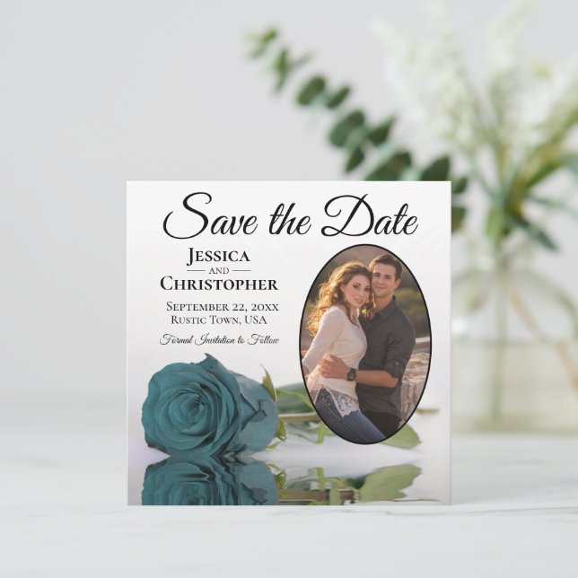 Save The Date Élégant Rose Turquoise sur blanc avec Mariage phot (Debout devant)