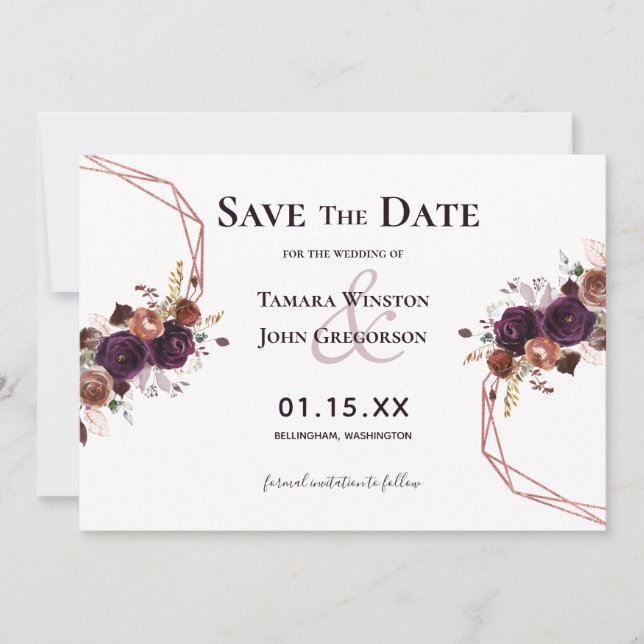 Save The Date Élégant Rose violet or Floral Mariage géométrique (Devant)