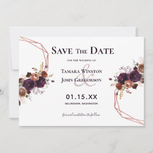 Save The Date Élégant Rose violet or Floral Mariage géométrique