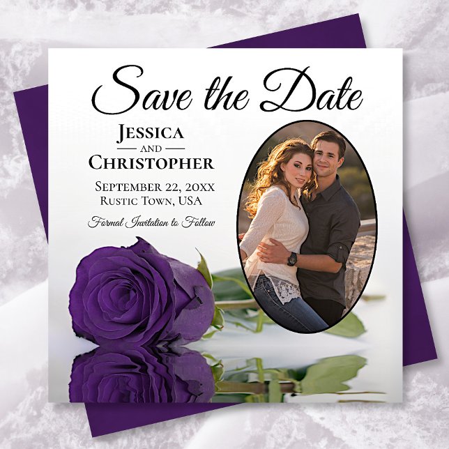 Save The Date Élégant Rose violet sur blanc avec Mariage photo o (Créateur téléchargé)