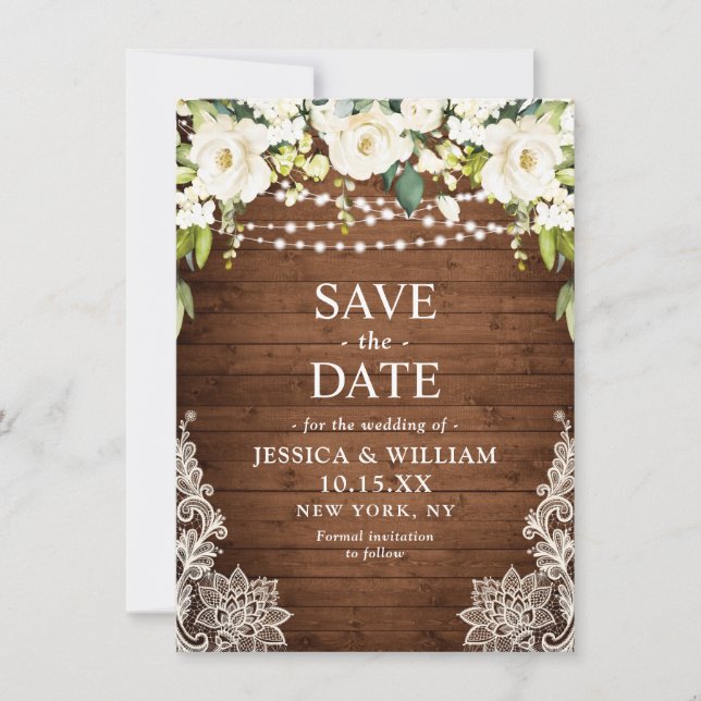 Save The Date Elégant Roses Blanches Dentelle Mariage en bois ru (Devant)