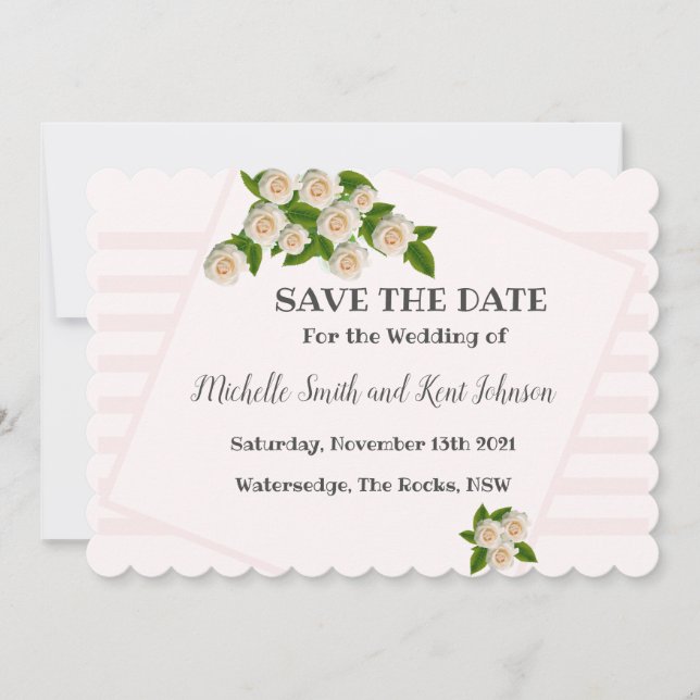 Save The Date Elégant Roses Blanches Rose Blush Enregistrer La D (Devant)
