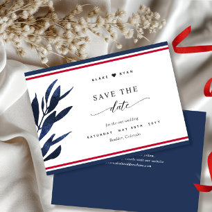 Save The Date Elégant rouge, blanc et bleu, Mariage feuille