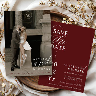Save The Date Élégant Rouge Bourgogne Simple Moderne Photo Maria