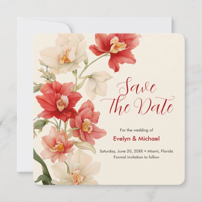 Save The Date Elégant Rouge Cattleya Orchidées Mariage Enregistr (Devant)