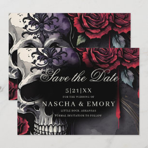 Save The Date Elégant rouge et noir crâne Rose Mariage gothique