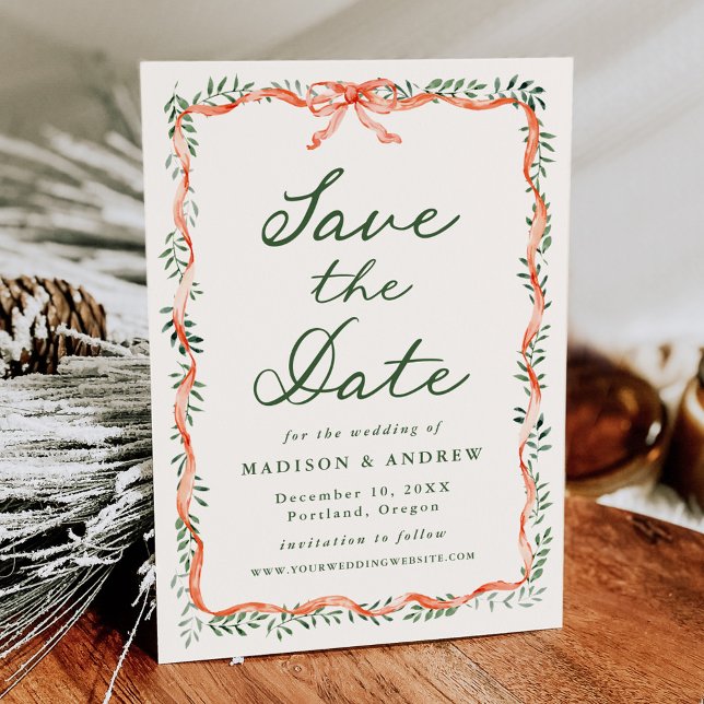 Save The Date Élégant Rouge Ruban vert Crème Mariage de vacances (Créateur téléchargé)