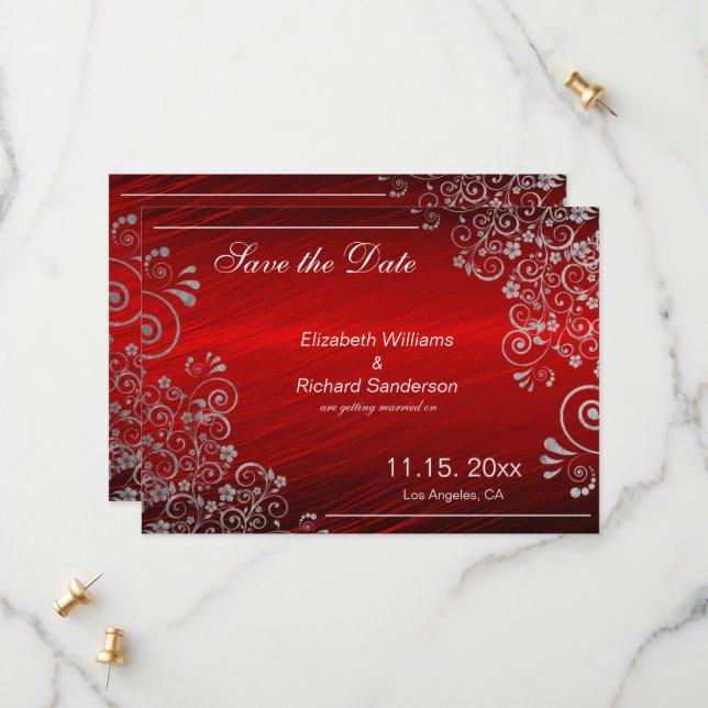 Save The Date Élégant Rouge Rubis Gris Date de Sauvegarde  Maria (Devant/Arrière en situation)
