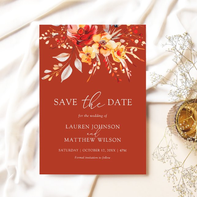 Save The Date Elégant rouille Orange Boho Aquarelle Mariage Flor (Vibrant fall floral Save the Date card on a rust orange background)