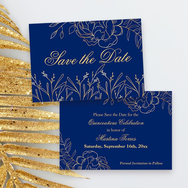 Save The Date Elégant Royal Blue et Gold Fine Art Floral (Blue and Gold Quinceanera Save the Date, from my Gold Sketched Floral collection
)