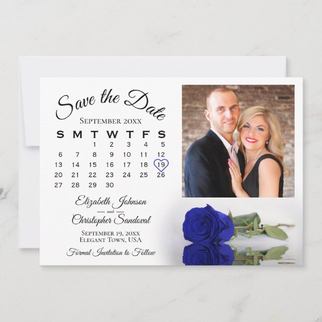 Save The Date Élégant Royal Blue Rose Calendrier et Mariage phot (Devant)