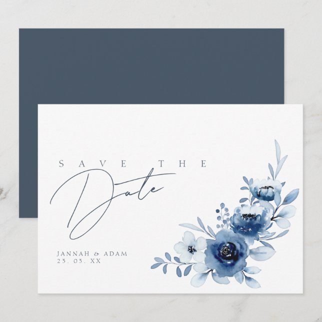 Save The Date Elégant Royal Blue Roses Floral Mariage (Devant / Derrière)