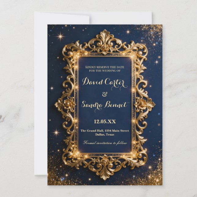 Save The Date Elegant Royal Gold & Navy Blue Modern Wedding  (Devant)
