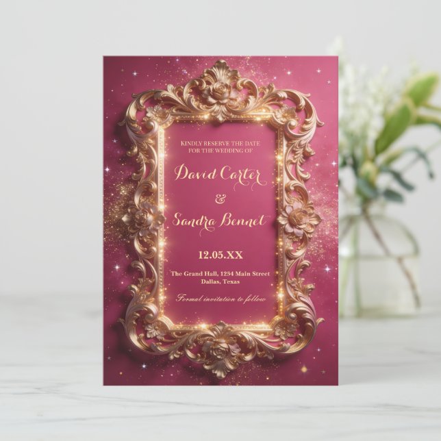 Save The Date Elegant Royal Gold & Pink Modern Wedding  (Debout devant)