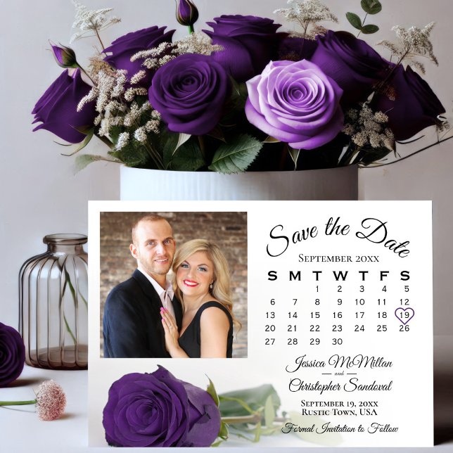 Save The Date Élégant Royal Purple Rose Mariage Calendrier & Pho (Créateur téléchargé)