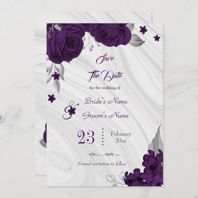 Save The Date élégant royal violet gris argenté feuille (Devant / Derrière)