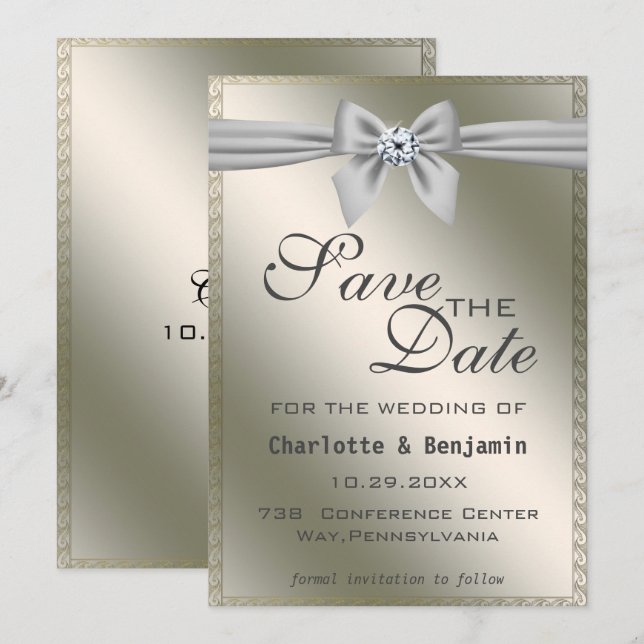 Save The Date Élégant ruban d'argent et pierre de taille Enregis (Devant / Derrière)