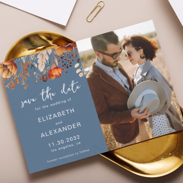 Save The Date Elégant Rustic automne floral bleu mariage photo (Créateur téléchargé)