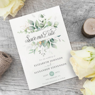 Save The Date Élégant Rustique eucalyptus feuille de verdure mar