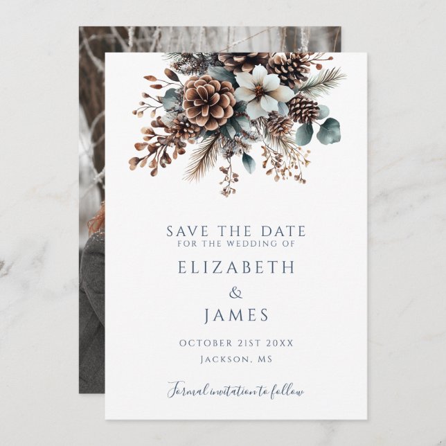 Save The Date Élégant Rustique Pinecones Floral Photo Mariage (Devant / Derrière)