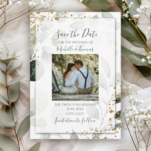 Save The Date Elégant Sage Gold Aquarelle Eucalyptus Photo