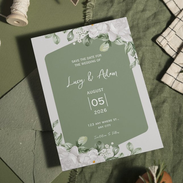 Save The Date Elegant Sage Green Botanical White Floral Wedding (Créateur téléchargé)