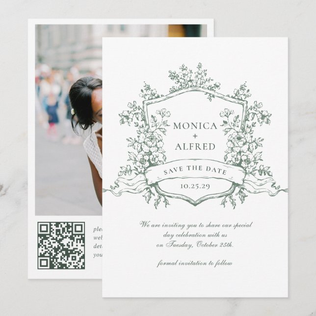 Save The Date Elégant Sage Green French Garden Wedding Code QR (Devant / Derrière)