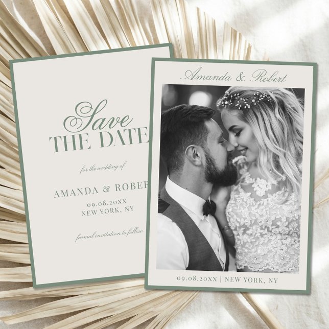 Save The Date Elegant Sage Green Old Money Photo Wedding (Créateur téléchargé)
