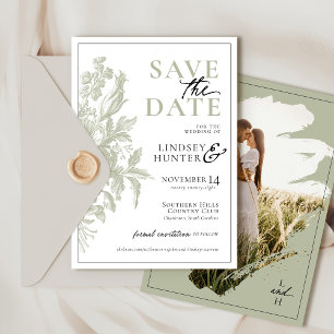 Save The Date Élégant Sage Green Vintage Floral Photo Mariage