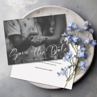 Save The Date Elegant Script Black and White Photo Wedding