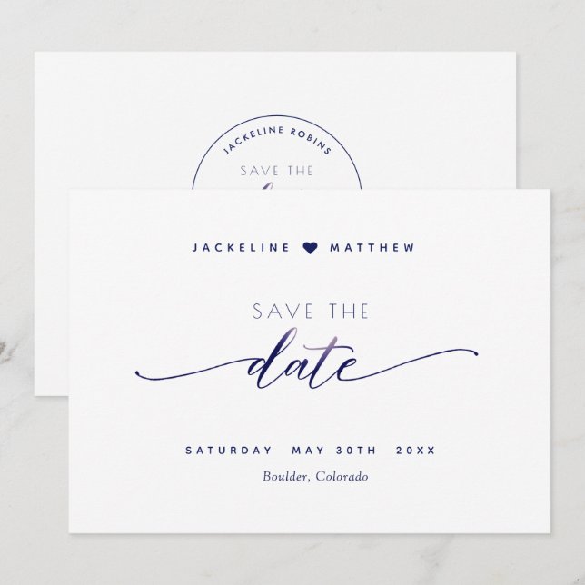 Save The Date Élégant script, blanc et marine, Mariage simple (Devant / Derrière)