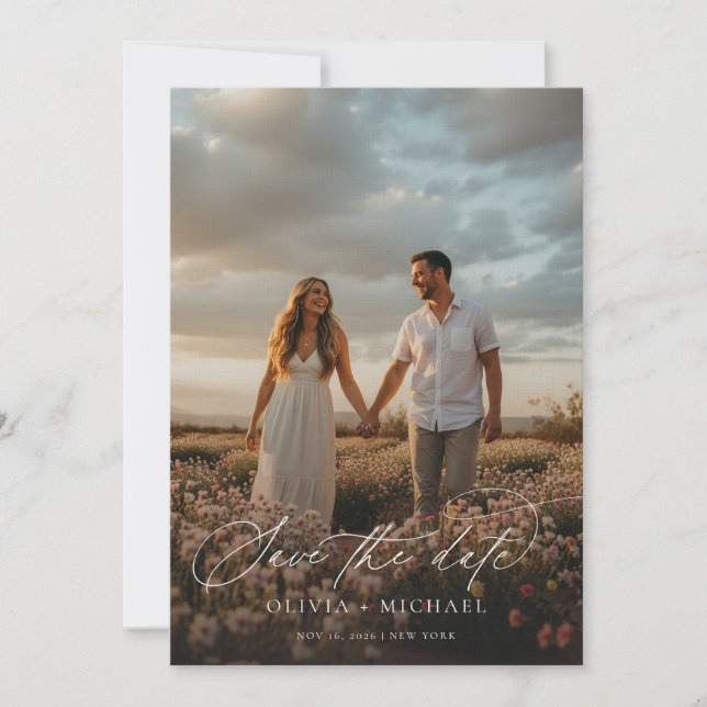 Save The Date Élégant Script Boho Mariage Photo (Devant)
