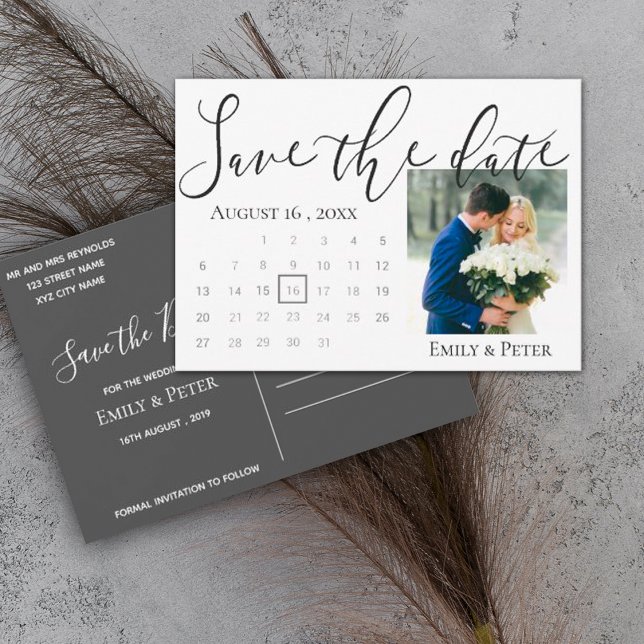 Save The Date Élégant Script Classy Back Mariage blanc photo (Créateur téléchargé)