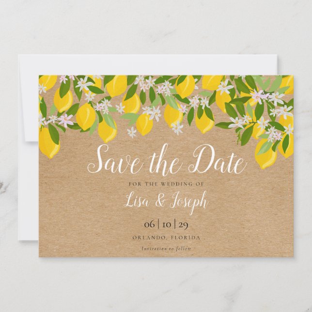 Save The Date Élégant Script de fleurs de citrons rustiques (Devant)