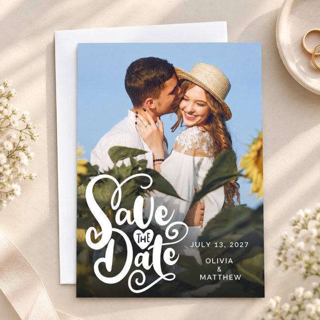 Save The Date Élégant Script de Photo de Mariage Enregistrer les (photo save the date wedding modern elegant simple typography calligraphy script contemporary overlay)
