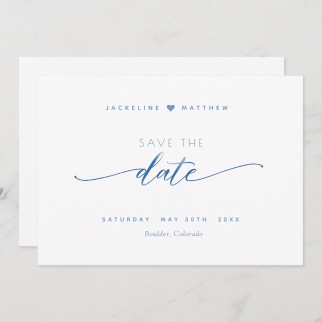 Save The Date Élégant script, Dusty Blue, Blanc Mariage simple (Devant / Derrière)