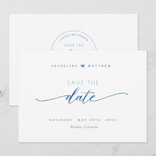 Save The Date Élégant script, Dusty Blue, Blanc Mariage simple