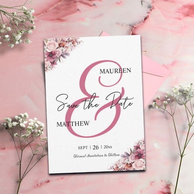 Save The Date Élégant Script Dusty rose floral Enregistrer la da (Créateur téléchargé)