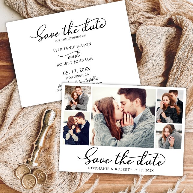 Save The Date Élégant Script élégant 3 Photo Collage Mariage (Créateur téléchargé)