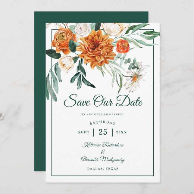 Save The Date Élégant Script Emerald Green Automne Floral Mariag (Devant / Derrière)