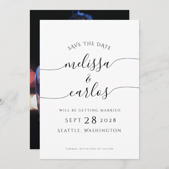 Save The Date Élégant Script Fiançailles Photo Simple Enregistre (Devant / Derrière)