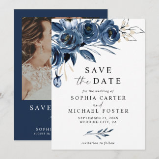 Save The Date Élégant Script Fleurs Bleu Marine Photo Mariage